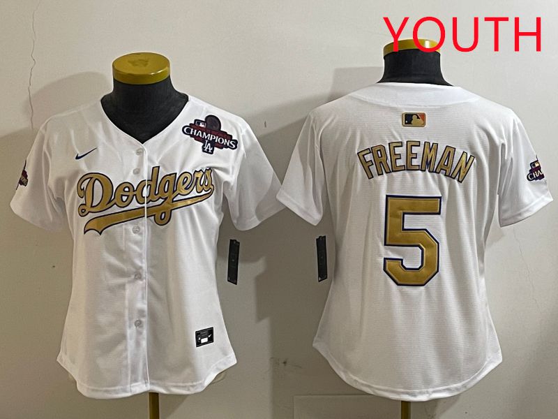 Youth Los Angeles Dodgers 5 Freeman White Champion gold character 2025 Nike MLB Jersey style 4123